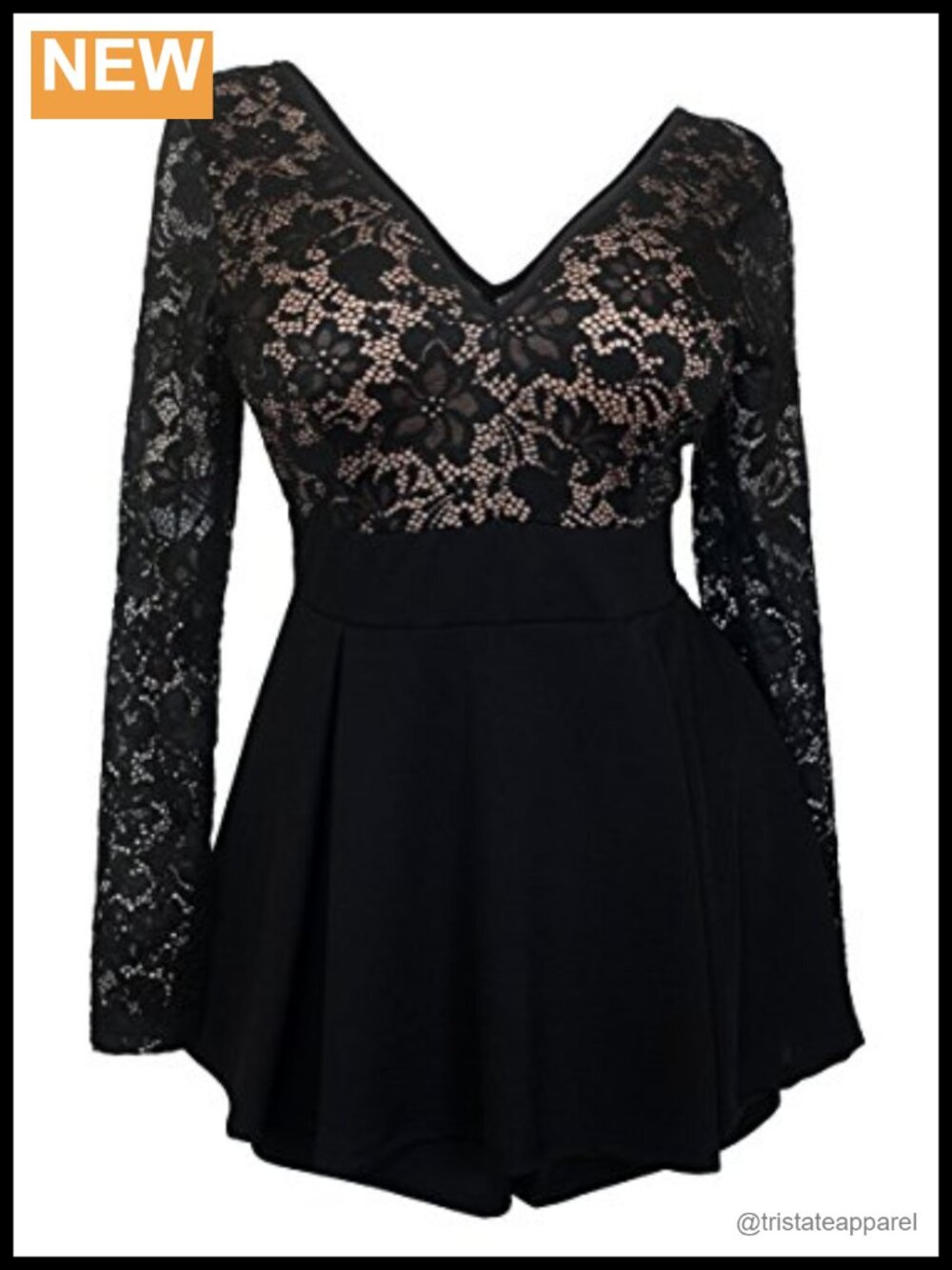 Plus Size Lace Overlay Romper Dress V-Neck Long Sleeve Backless